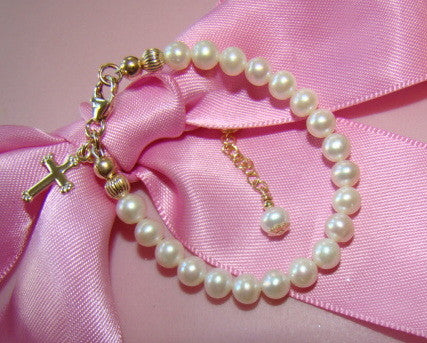 Heavenly in Pink Pearl Bracelet with white pearls and pink crystals topped  with crystal rondelles for Christening and Baptism
